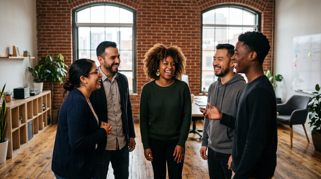 Diverse team of five startup colleagues laughing around a wooden table in a bright brick office as one man holds a tablet during an upbeat casual team discussion.