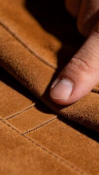Vertical video: Approaching adult finger resting on tan suede patch studio tracing seam testing nap