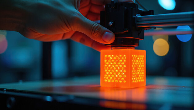Hand adjusts 3d printer nozzle building orange cube object. Close view adds intricate details to geometric lattice pattern. Advanced tech creates custom models for industry.