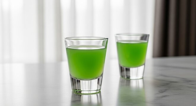 Two vibrant green cocktail shots on a sleek marble counter, bathed in soft, airy natural light, perfect for modern bar and celebration themes.