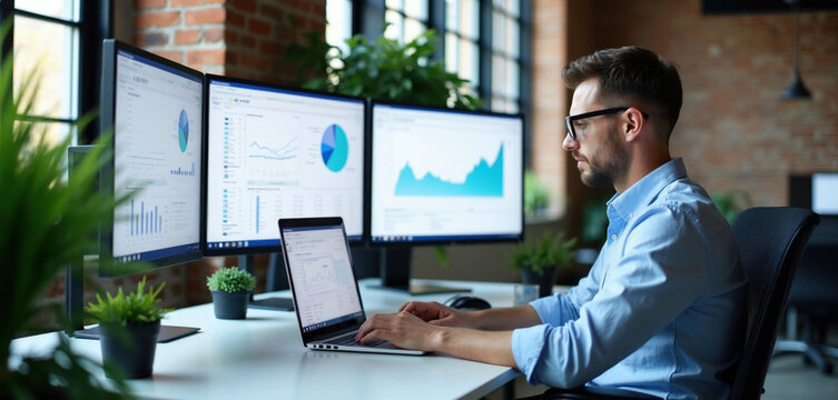 Man works at computer with multiple monitors displaying financial charts, graphs. Analyst uses data analytics software for business intelligence. Checks business performance metrics on screens.