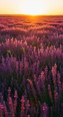 Obraz premium A vast summer field filled with blooming purple aromatic plants swaying gently in the evening light, suggesting natural beauty and tranquility, abundance, countryside, calm