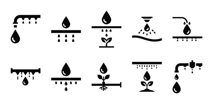 Black silhouette vector icon set of water drip irrigation and agricultural graphic design.