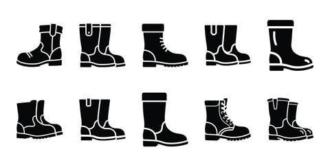 Black silhouette vector icon set of farmer boots and agricultural graphic design. © Giri