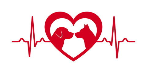 Red heart shape with a heartbeat line and silhouettes of two dogs facing each other isolated on transparent background