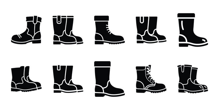 Black silhouette vector icon set of farmer boots and agricultural graphic design.