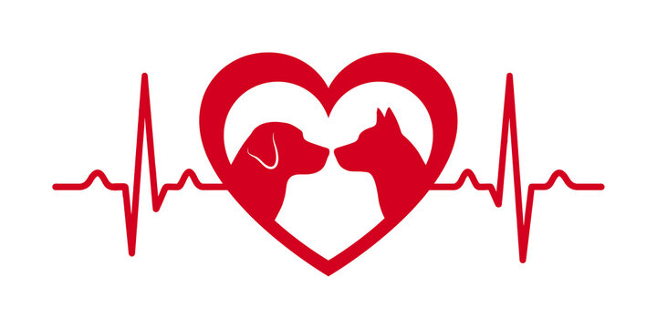 Red heart shape with a heartbeat line and silhouettes of two dogs facing each other isolated on transparent background