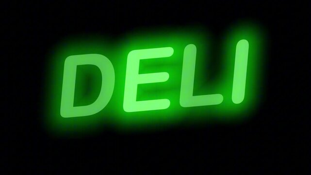 Vibrant Green Neon Sign 'DELI' with Continuous Loop on Transparent Alpha Channel, Ideal for Sandwich Shops and Bistros