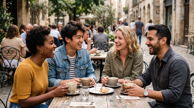 Four diverse young friends laughing and enjoying coffees at a cobblestone outdoor terrace cafe in a European old-town setting, ideal for friendship and travel lifestyle content.