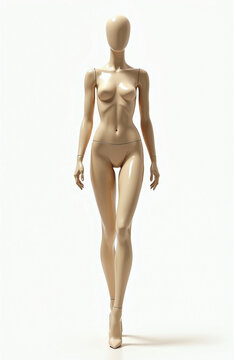 Full body female mannequin, light beige color, stands on white background. Shows fashion pose with slender body and pointed heels, ready for clothing display. Clean studio shot.