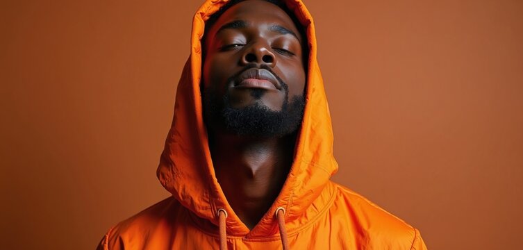Close-up portrait of Black man wearing orange hoody. Eyes closed, looking upwards, peaceful serene expression. Modern fashion style on terracotta background.