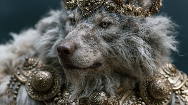 Majestic wolf adorned in ornate golden armor and crown, close-up portrait