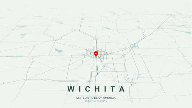 Modern minimalist vector map of Wichita, Kansas, USA. High-quality scalable illustration of Wichita Air Capital city grid, Arkansas Riverfront loops for posters design.