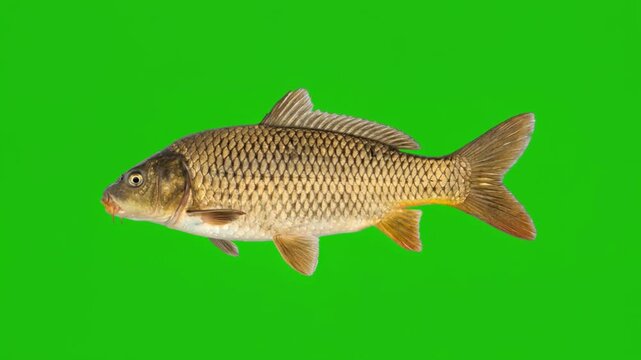 carp fish swimming isolated on green background for vfx compositing video