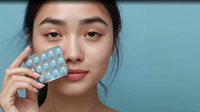A young woman holds a blister pack of pills in her hand