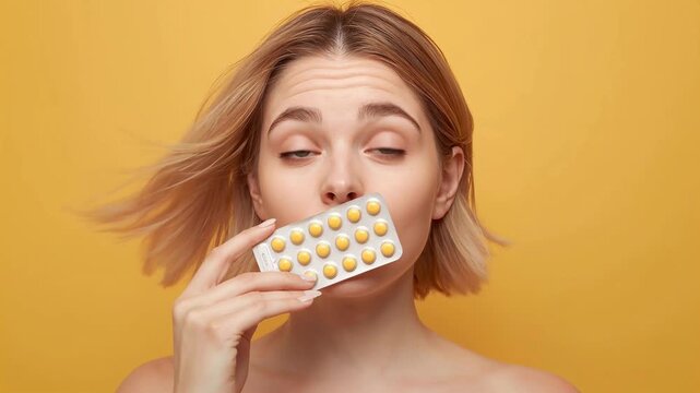 A young woman holds a blister pack of pills in her hand