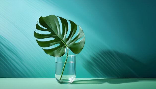 Single Monstera Leaf In A Glass Vase On A Minimalist Blue Green Background
