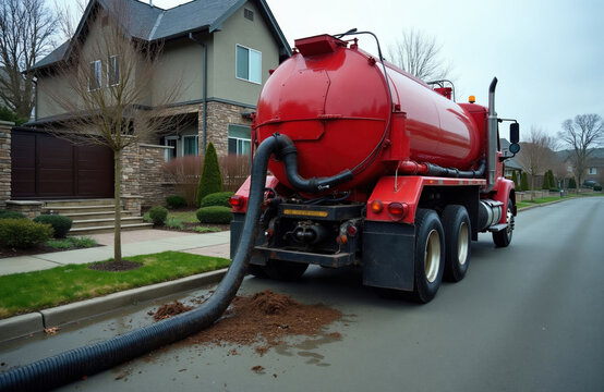Red vacuum truck pumps septic tank contents onto suburban street using a large hose. Residential house service for waste disposal. Maintenance work happening on pavement.