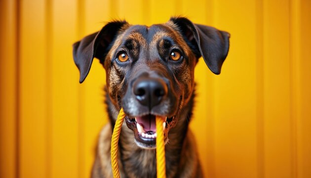 Dog holds leash in mouth, ready for walk. Pet stands against bright yellow wall, looking at camera with eager eyes. Domestic animal anticipates outdoor activity, needs owner attention for stroll.