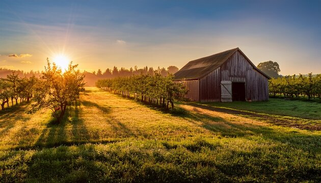 Verger Normand Au Lever Du Soleil Avec Une Ancienne Grange Eclairee Par Les Rayons Du Soleil