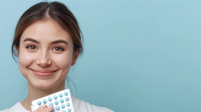 A young woman holds a blister pack of pills in her hand