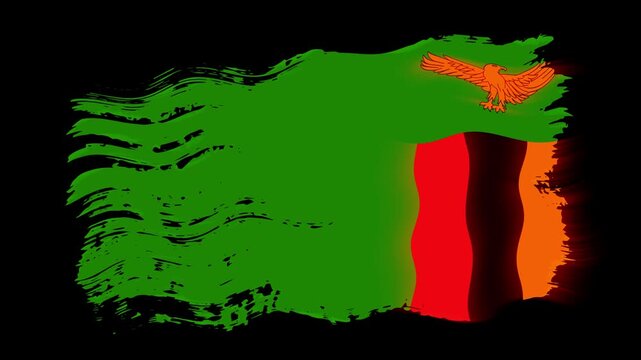 Waving torn Zambia flag grunge brush burn light leaks, transparent background alpha channel loop full HD