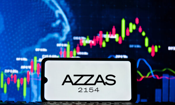 Azzas 2154 stock market logo displayed on a smartphone screen with financial candlestick charts in the background