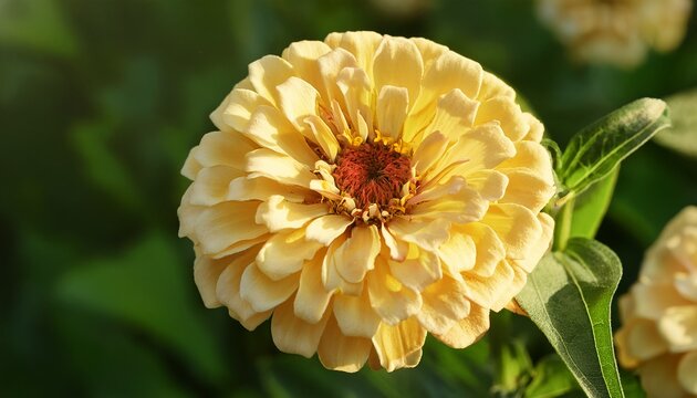 Close Up Of Pale Yellow Zinnia Flower In Full Bloom With Green Foliage Background In Natural Sunlight