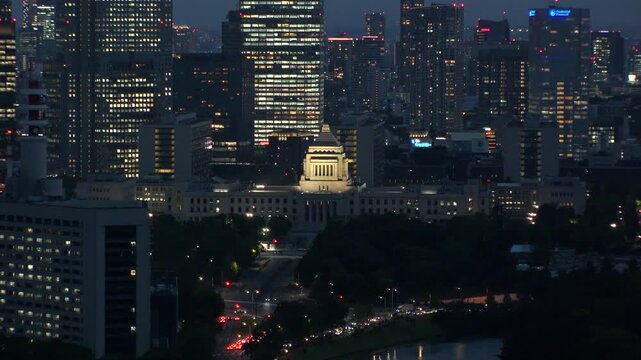 TOKYO, JAPAN - JUNE 2026 : Aerial high angle view of National Diet Building in Nagatacho area. Japanese politics, government, democracy and patriotism concept video.