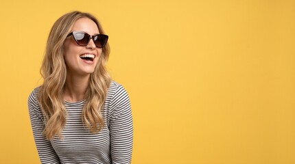Fototapeta premium Joyful blonde woman in sunglasses laughing against a yellow background