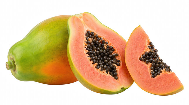 Fresh whole and sliced papaya fruit showing orange flesh and seeds