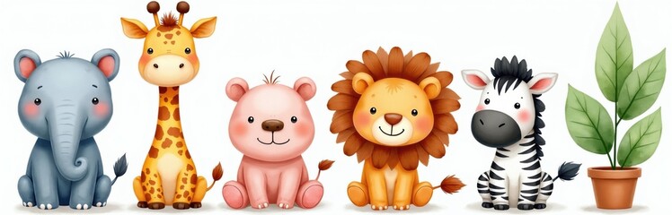 Obraz premium Cute watercolor safari animals group including elephant giraffe bear lion zebra. Little jungle creatures sit together. Baby animals illustration for kids. Green plant in pot.