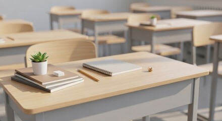 Fototapeta premium Minimalist classroom desk with plant and notebook, promoting a clean and welcoming study environment with warm light