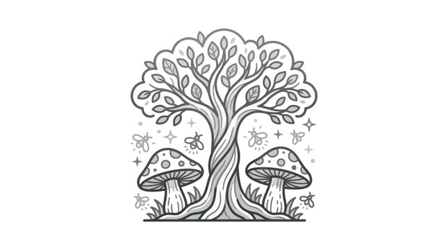 Mushrooms under a tree illustration.