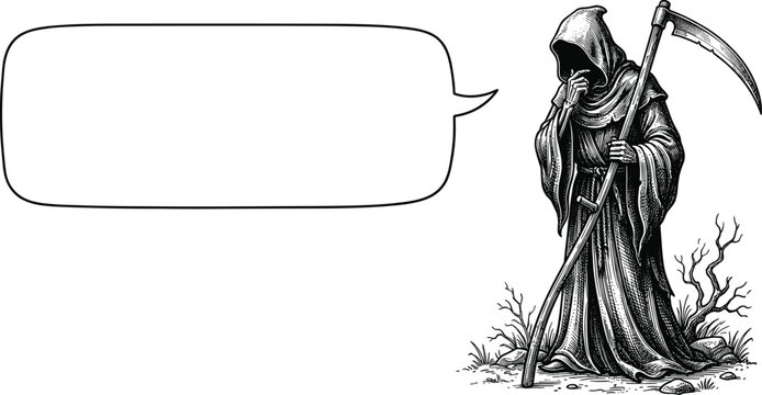 Grim Reaper holding a scythe with an empty speech bubble, vintage woodcut illustration style, isolated.