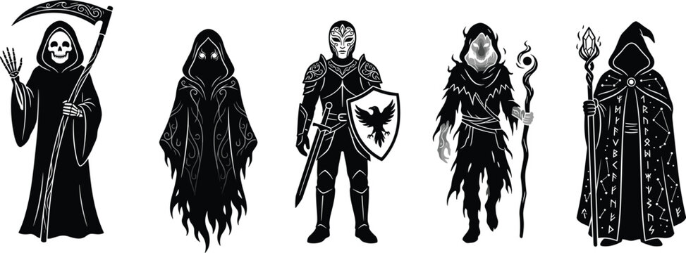 Collection of dark fantasy character silhouettes including grim reaper, warrior, mage, and mysterious figures
