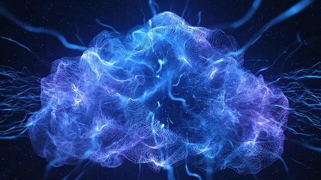 Abstract digital cloud of blue and purple points with flowing electric tendrils