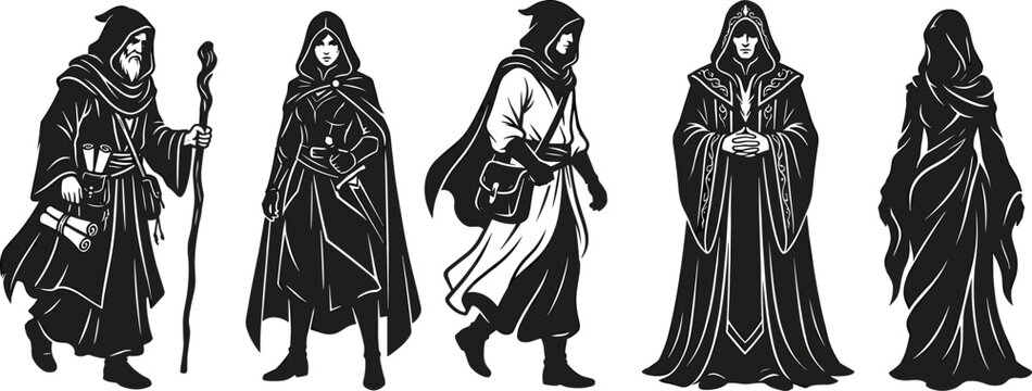 Collection of Five Fantasy Character Silhouettes, Featuring Mages, Rogues, and Mysterious Hooded Figures, Isolated