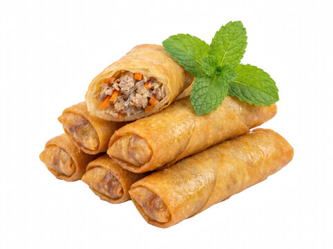 Crispy Fried Spring Rolls with Meat and Vegetable Filling Garnished with Mint