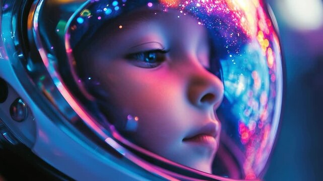 Child in an astronaut helmet gazing at cosmos