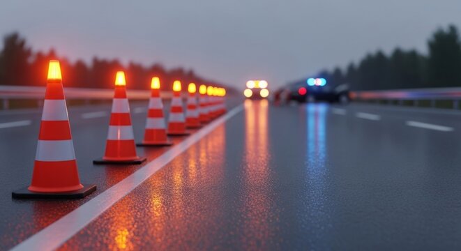 Bright orange traffic cones with flashing lights line a wet highway at night, signaling a road incident ahead.