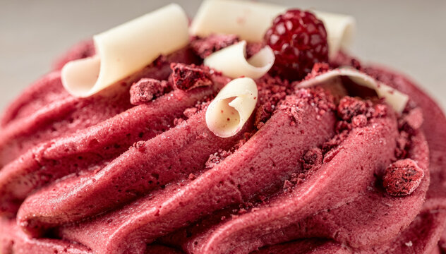 A creamy raspberry gelato close-up topped with white chocolate curls and frozen berry pieces