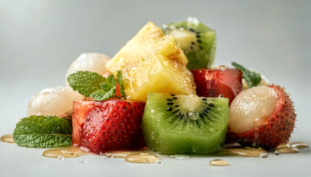 A Fresh Tropical Fruit Salad with Kiwi, Strawberries, Pineapple and Mint Garnish