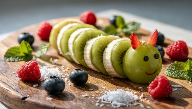 A playful fruit caterpillar made with kiwi and banana slices, fresh berries and mint