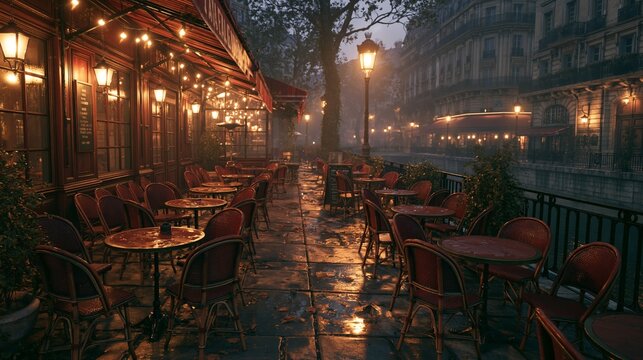 Vintage French Bistro Terrace With Empty Tables After Rain in Paris Creates a Romantic Evening Scene