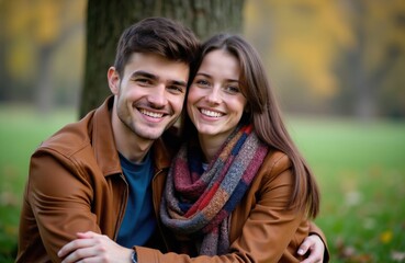 Fototapeta premium Young couple hugs outdoors in autumn park. Smiling woman and man wear jackets and scarf. They share affection and joy near a tree on a sunny day.