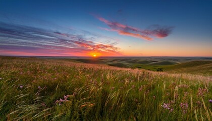 Fototapeta premium Beautiful Pre Dawn Summer Photo Of The Vast Kansas Tallgrass Prairie Preserve