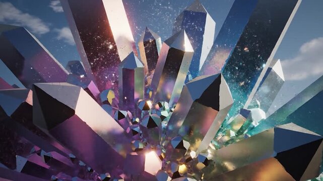 A cluster of colorful iridescent crystals glows under a bright blue sky
