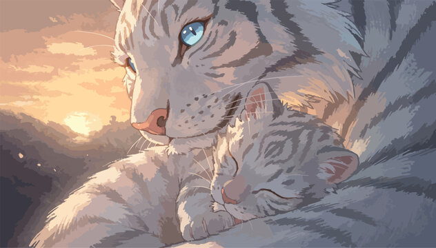 A Tender Gray Tabby Cat Cuddling Her Sleeping Kitten at Sunset