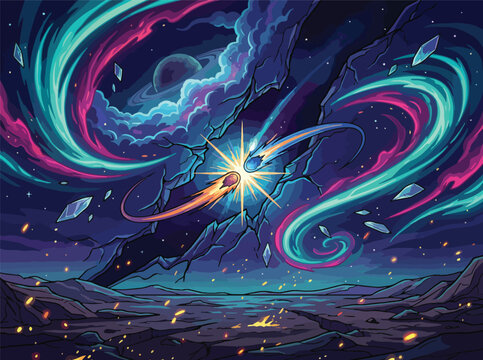 A Vibrant Cosmic Energy Burst Surrounded by Turquoise and Magenta Nebula Swirls